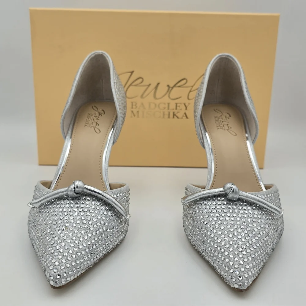 NIB Jewel Badgley Terresa D'Orsay Stiletto Pumps, Silver Textile, Women's Size 7 - Picture 3 of 16